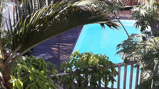 A swimming pool surrounded by lush greenery and a wooden fence. - ti case gwada bungalow rentals "ti poisson" (Sainte-Anne)