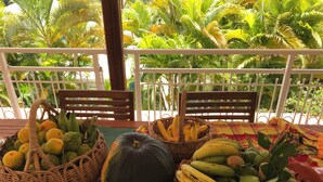 Une table sur laquelle sont disposés des paniers de fruits et une citrouille, le tout posé sur une nappe à carreaux, sur un balcon doté d’une balustrade blanche et dont l’arrière-plan est constitué d’une végétation luxuriante.
