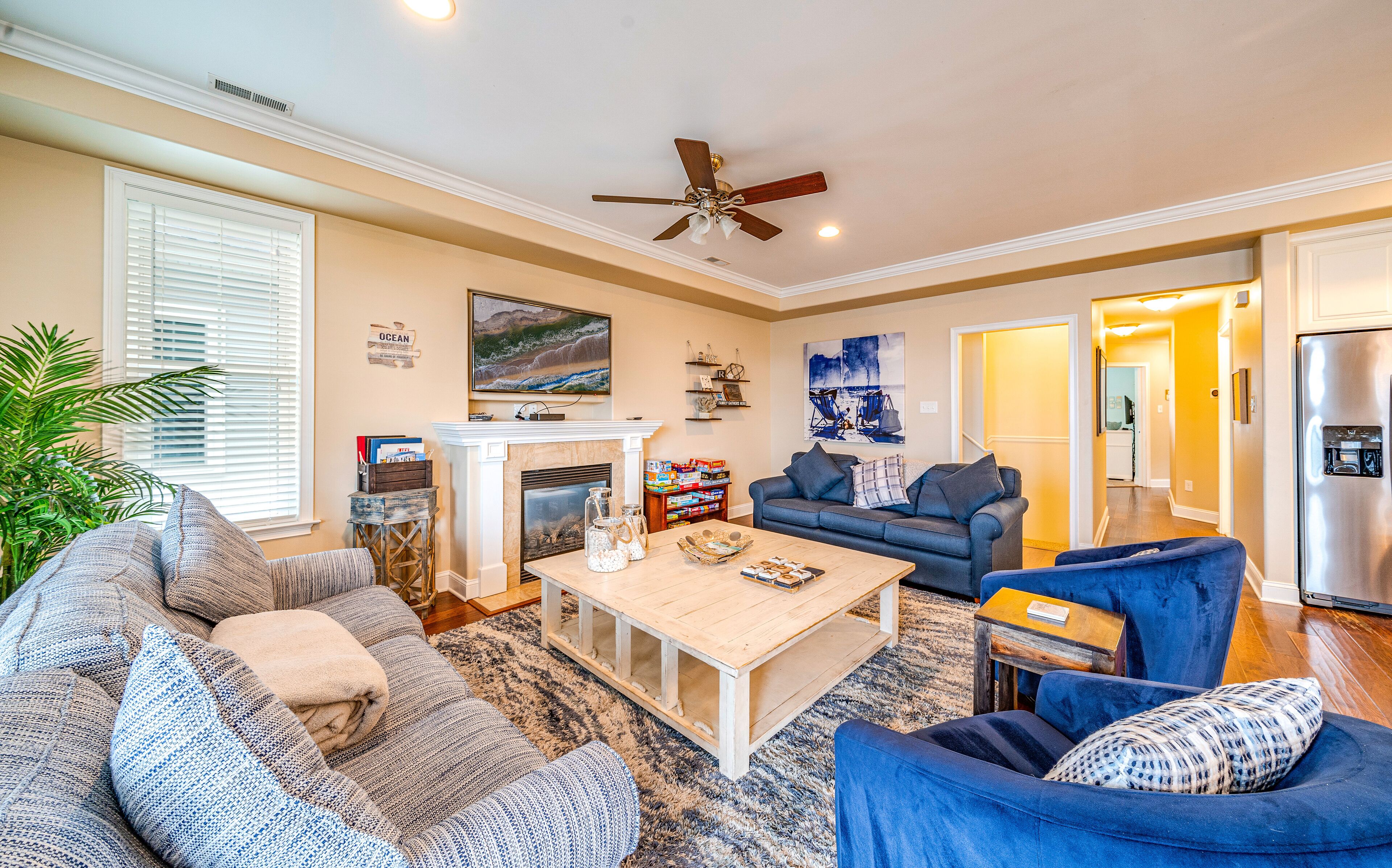 Smart TV, fireplace, DVD player, books