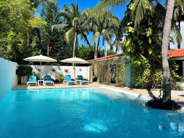 A swimming pool with lounge chairs and umbrellas, surrounded by palm trees and greenery. - Espectacular Golf & Lake View 5 BR  Sleep 14 From 195.00 Night  (La Romana)
