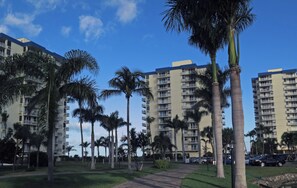 A pathway lined with palm trees and tall buildings with balconies. - Overlook the beautiful Gulf of Mexico on Estero Island (Ft Myers Beach)