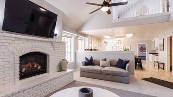 Smart TV, fireplace, video games, DVD player