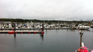 A marina with boats docked, calm water, and a dock with red buoys. - Beautiful 2 Bedroom Cottage Just Short Stroll To Town Neck Beach (Sandwich)