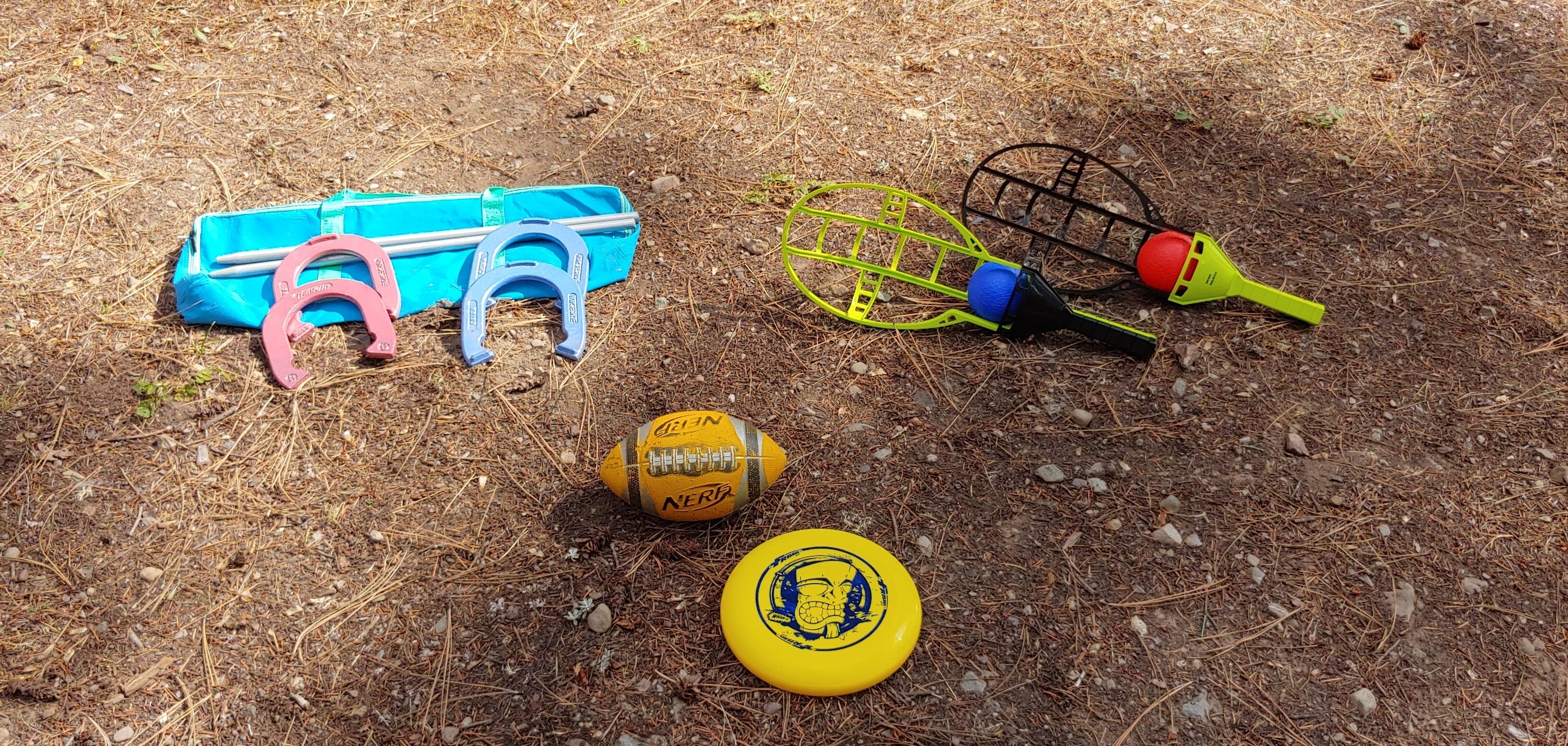 Un conjunto de equipo deportivo que incluye una pelota de fútbol, dos herraduras, un frisbee y una raqueta de tenis sobre un suelo cubierto de agujas de pino.