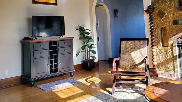Una sala de estar con televisión, planta en maceta, mueble de madera y una silla.