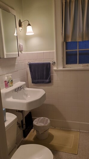 シャワー付き浴槽、ヘアドライヤー、タオル、シャンプー