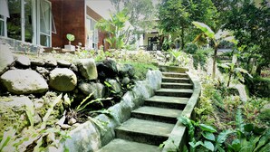 A stone staircase leading up a garden area with various plants and a building in the background. - Villa Kendi (Glenmore)