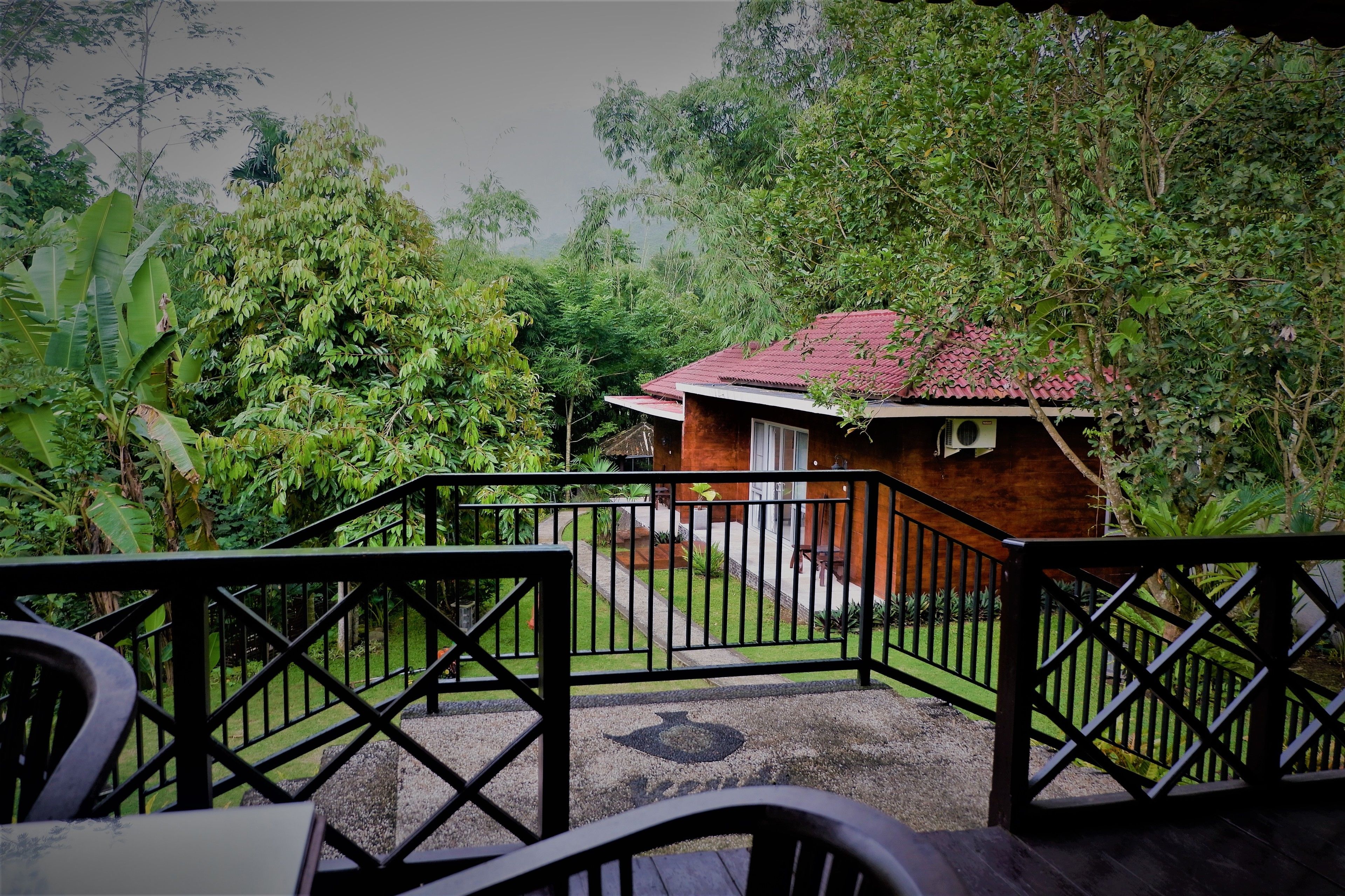 A wooden house with a red roof surrounded by lush greenery.