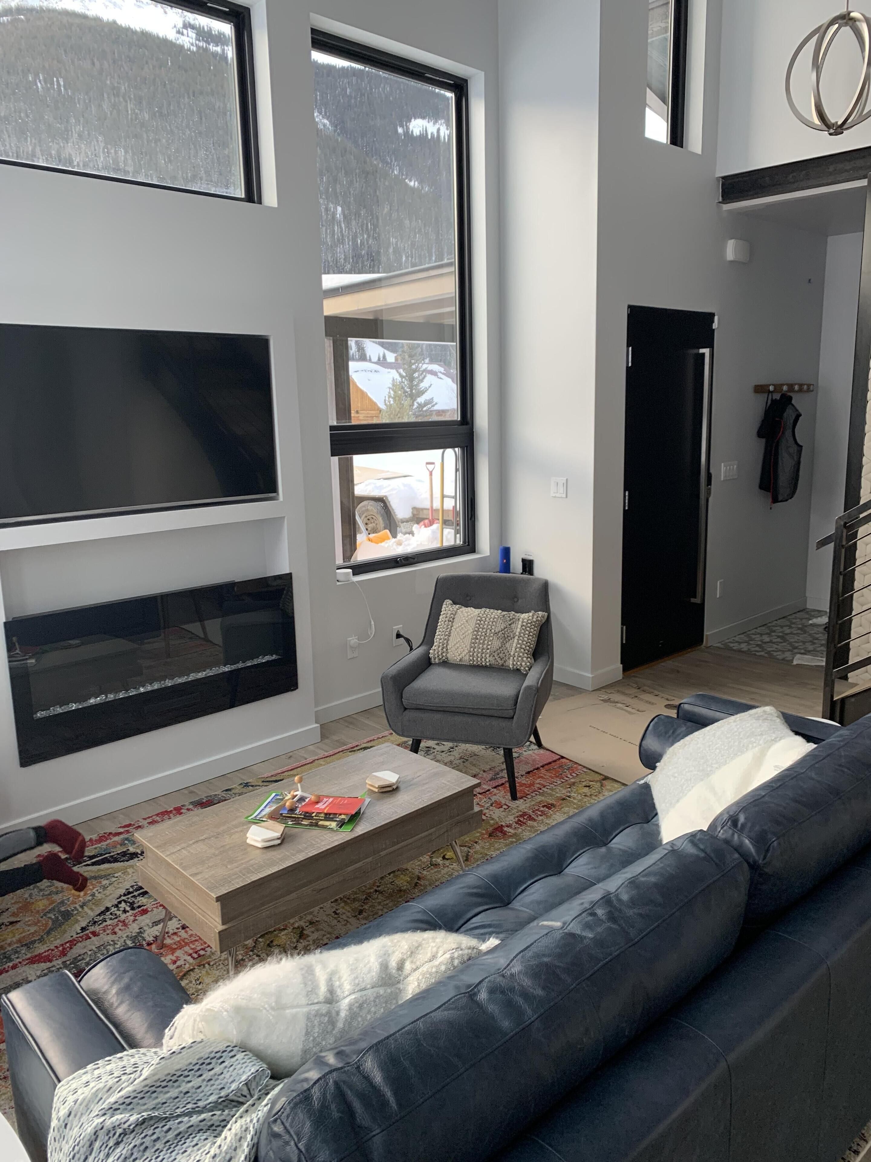 Smart TV, fireplace, books, stereo