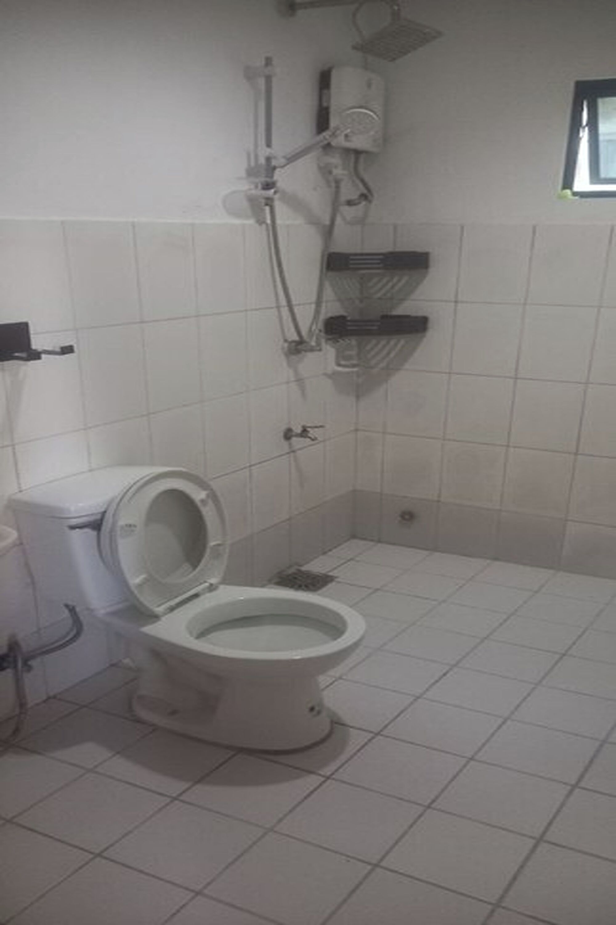 A bathroom with a toilet, a shower, and a bidet.
