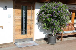 Uma porta de madeira com um painel de vidro, um vaso com flores roxas e um banco em frente a um edifício.