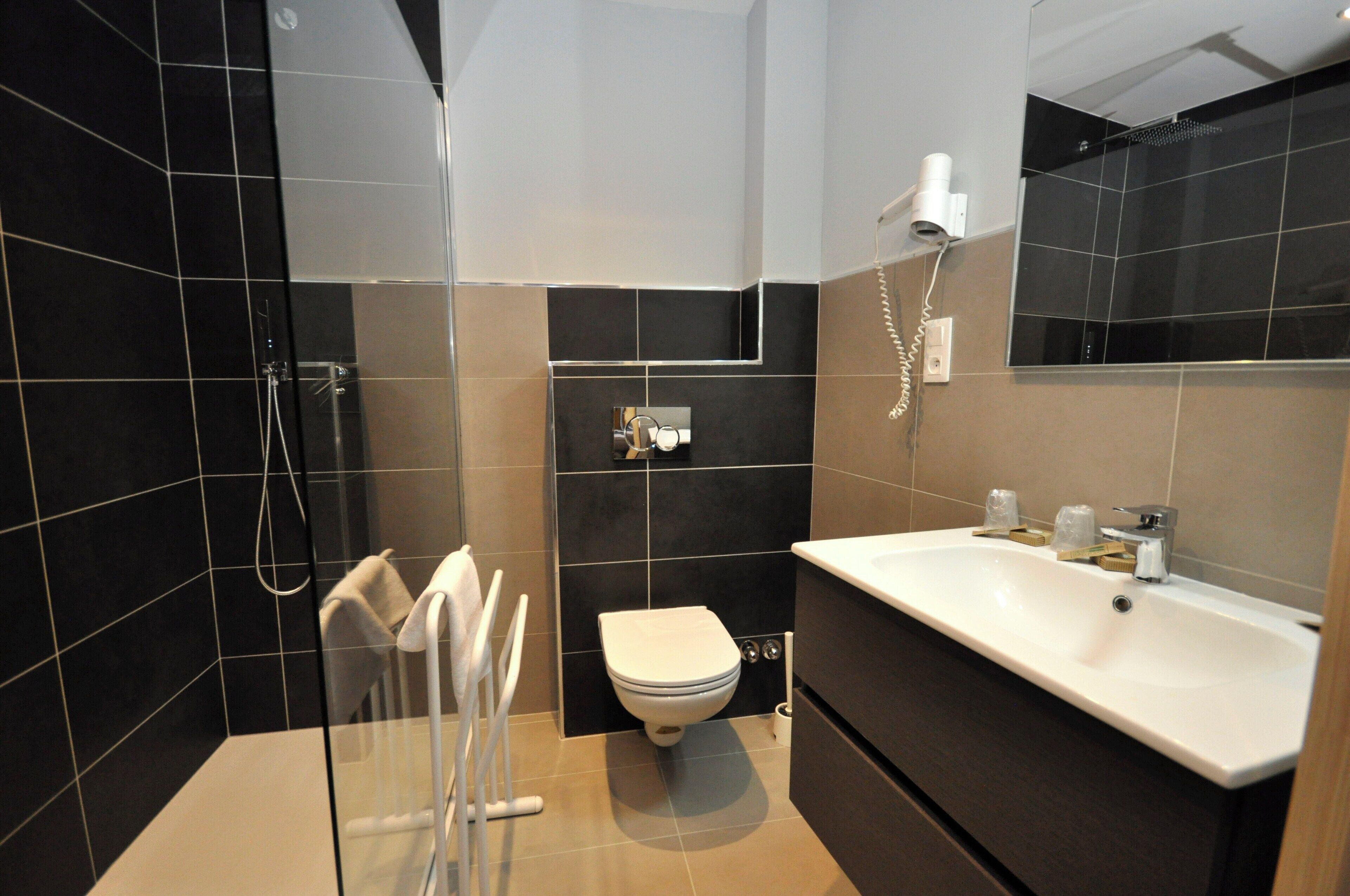 A modern bathroom with a glass shower enclosure, a white toilet, and a large sink with a mirror above it.