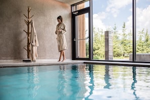 Indoor pool, open 7:30 AM to 7:30 PM, sun loungers