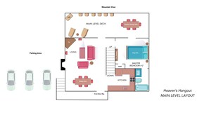 A main level layout of Heaven's Hangout with a mountain view, outdoor dining, a king bed, a master bedroom, a kitchen, a living area, and a TV.
