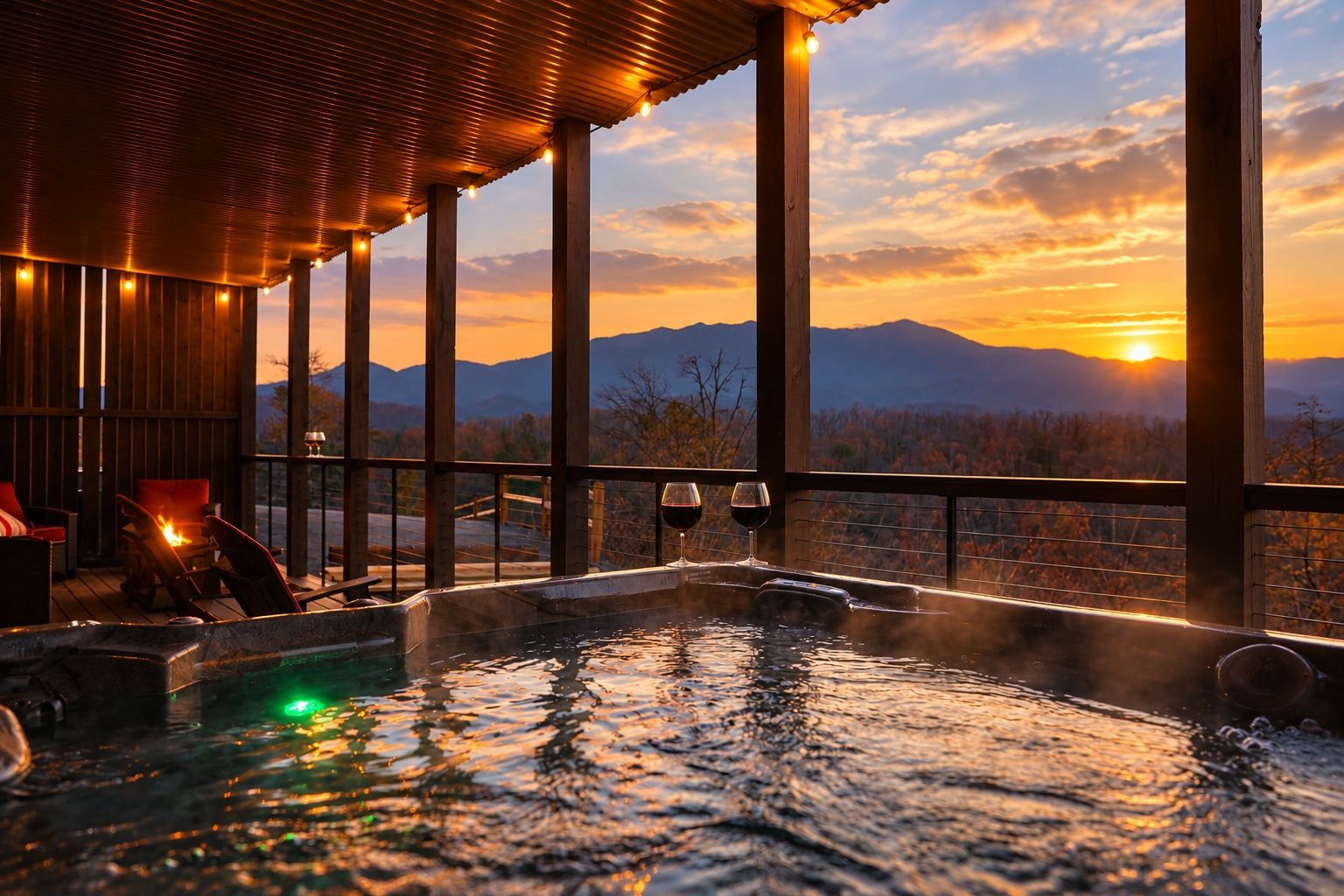 A hot tub with two glasses of red wine, surrounded by wooden deck chairs and a view of mountains during sunset.