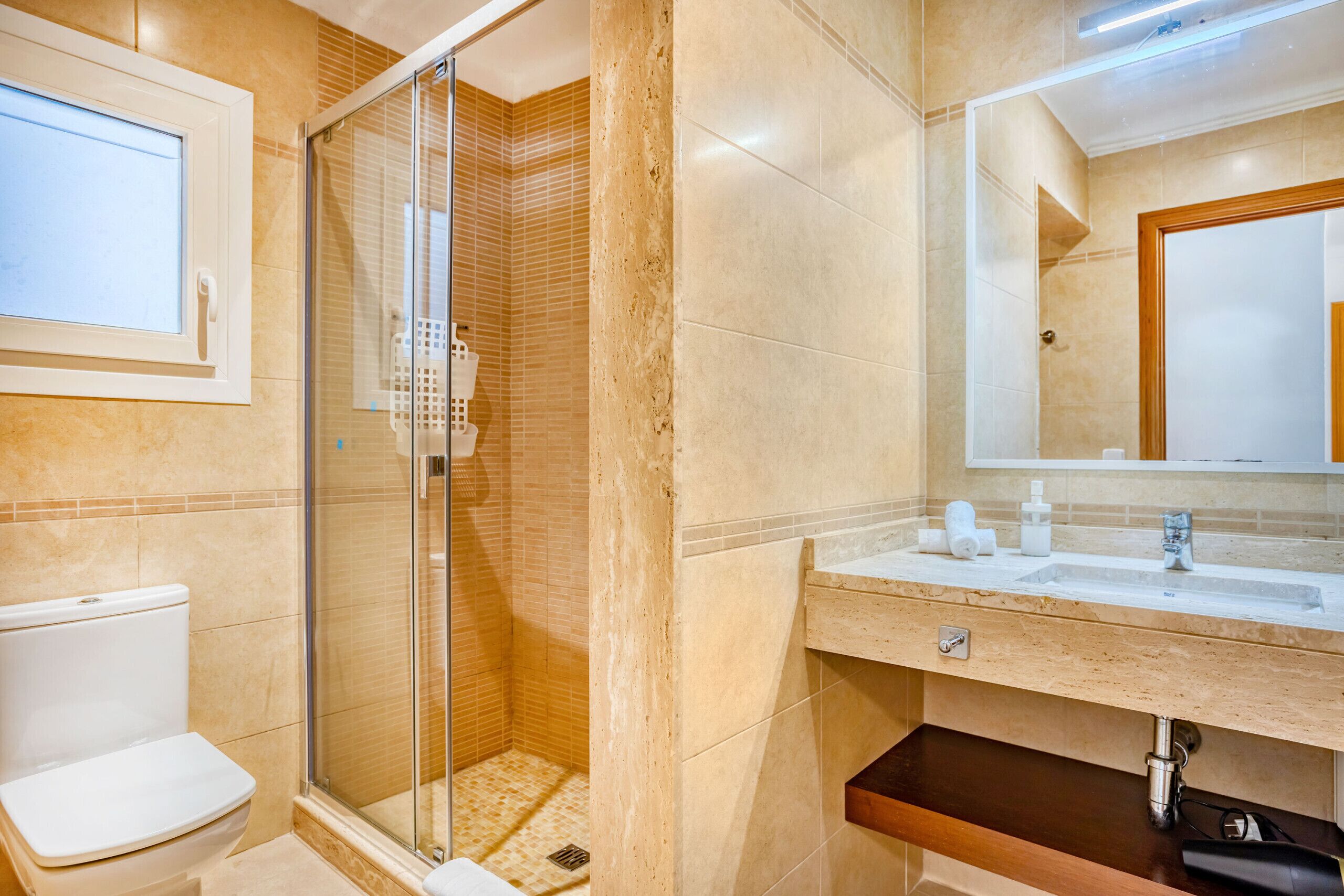 Shower, hair dryer, towels