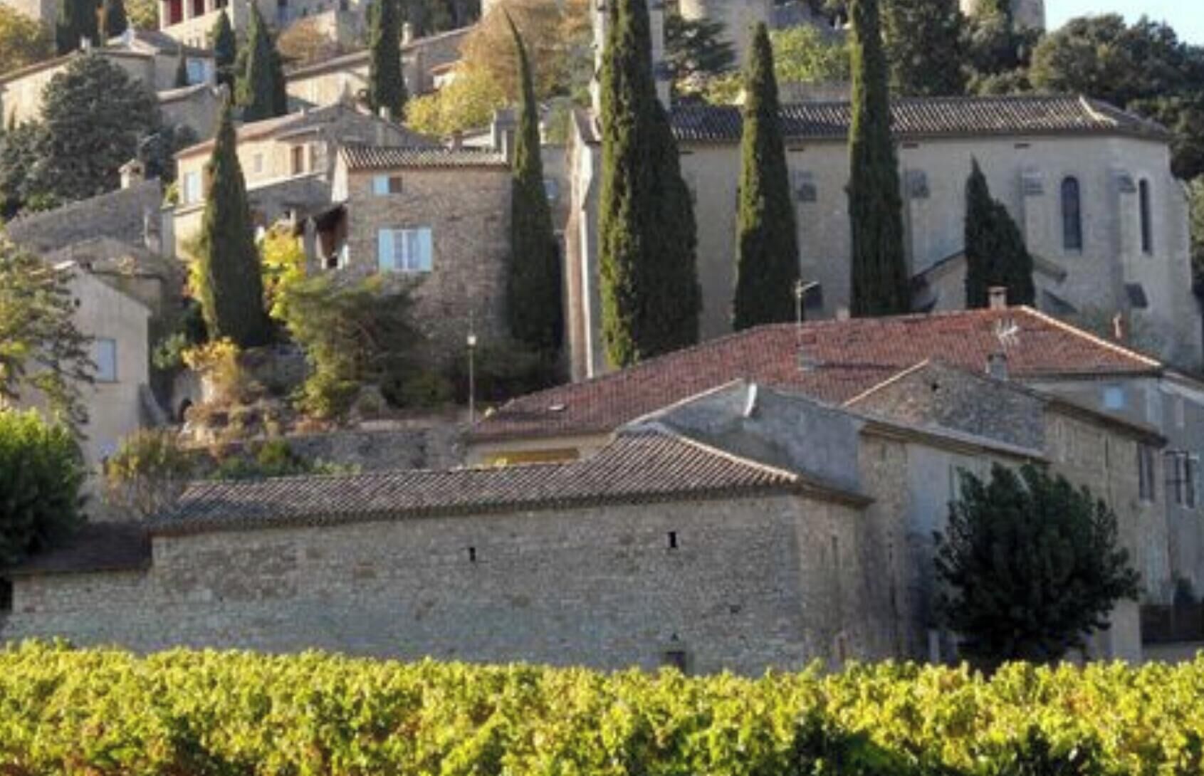 Edifici de pedra amb teulada aïllada, envoltat de vegetació i altres edificis.