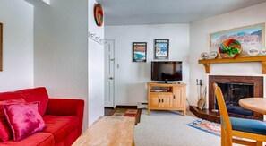 TV, fireplace, table football