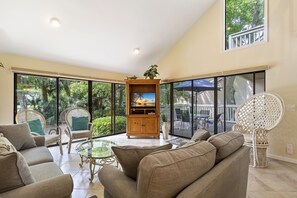 TV, DVD player, books, stereo