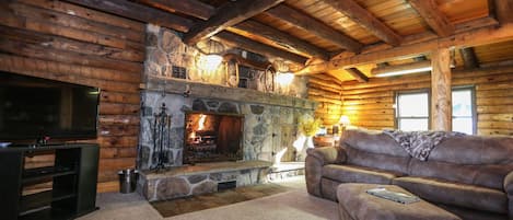 TV connectée, cheminée, livres