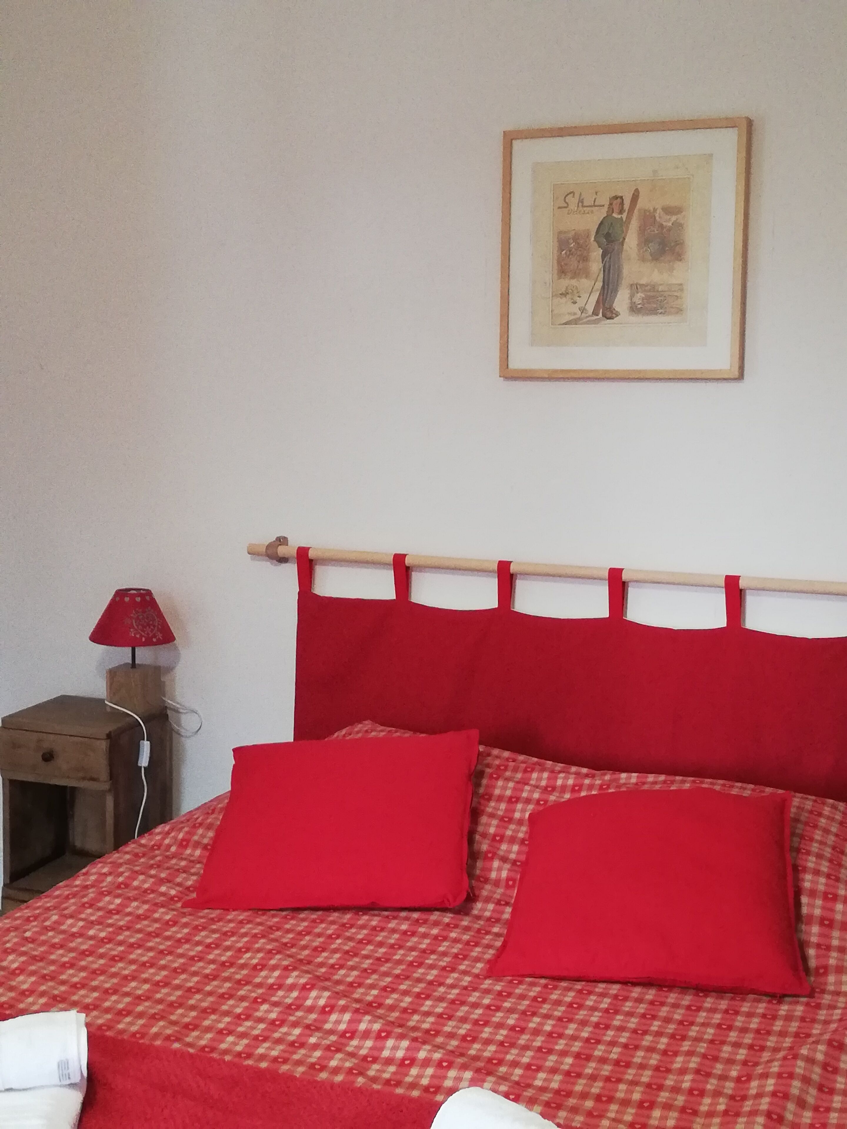 A bed with a red checkered bedspread and two red pillows, a wooden nightstand with a lamp, and a framed picture on the wall.