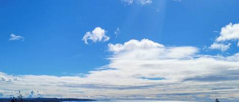 Uitzicht op de kust met een heldere lucht, een groot wateroppervlak en een verre stadshemelbeeld.