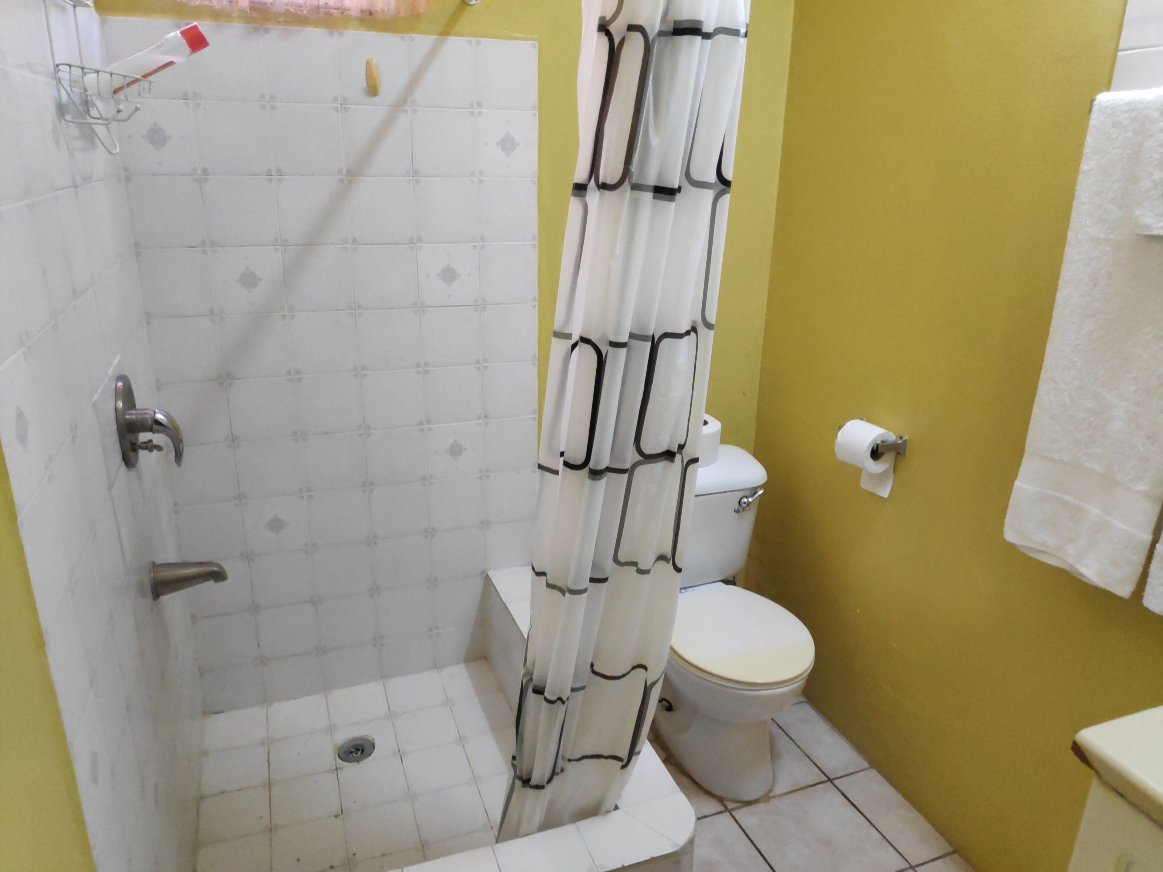 A bathroom with a shower, toilet, and sink.