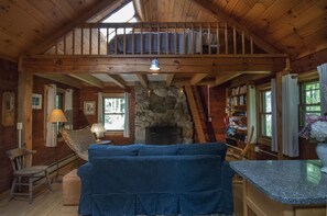 Fireplace, books - Stetson Hollow Cabin by Stetson Brook (Warren)