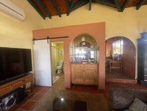 Smart-tv, een open haard, boeken en een stereo