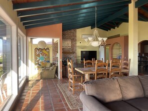 Smart TV, fireplace, books, stereo