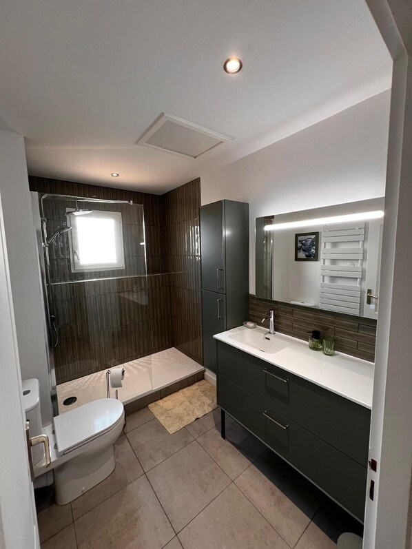 Combined shower/tub, hair dryer, towels, soap