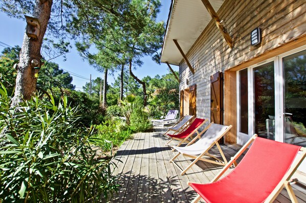 Une terrasse en bois avec des chaises longues, un arbre et un bâtiment doté de grandes fenêtres.