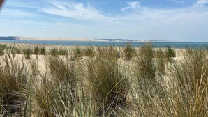 Een strand met hoge grassen en een helder uitzicht op de zee en veraf gelegen heuvels.