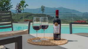 A bottle of wine and two glasses on a table with a view of a pool and mountains. - Casa Emanuela - Private villa, 4 bedrooms, pool, A/C, wifi, pets, Marche (Fermignano)