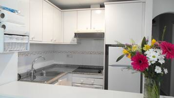 Frigorífico, microondas, horno y placa de cocina