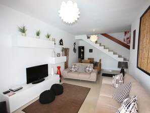 Flatskjerm-TV, DVD-spiller og bøker