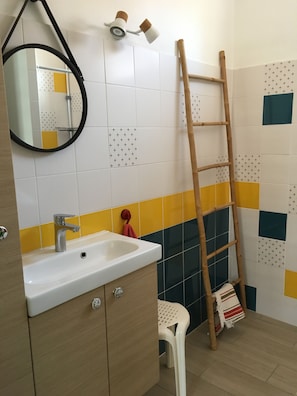 Shower, hair dryer, toilet paper