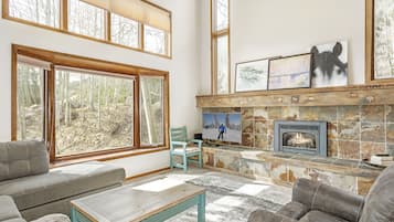 Smart TV, fireplace, video games, DVD player