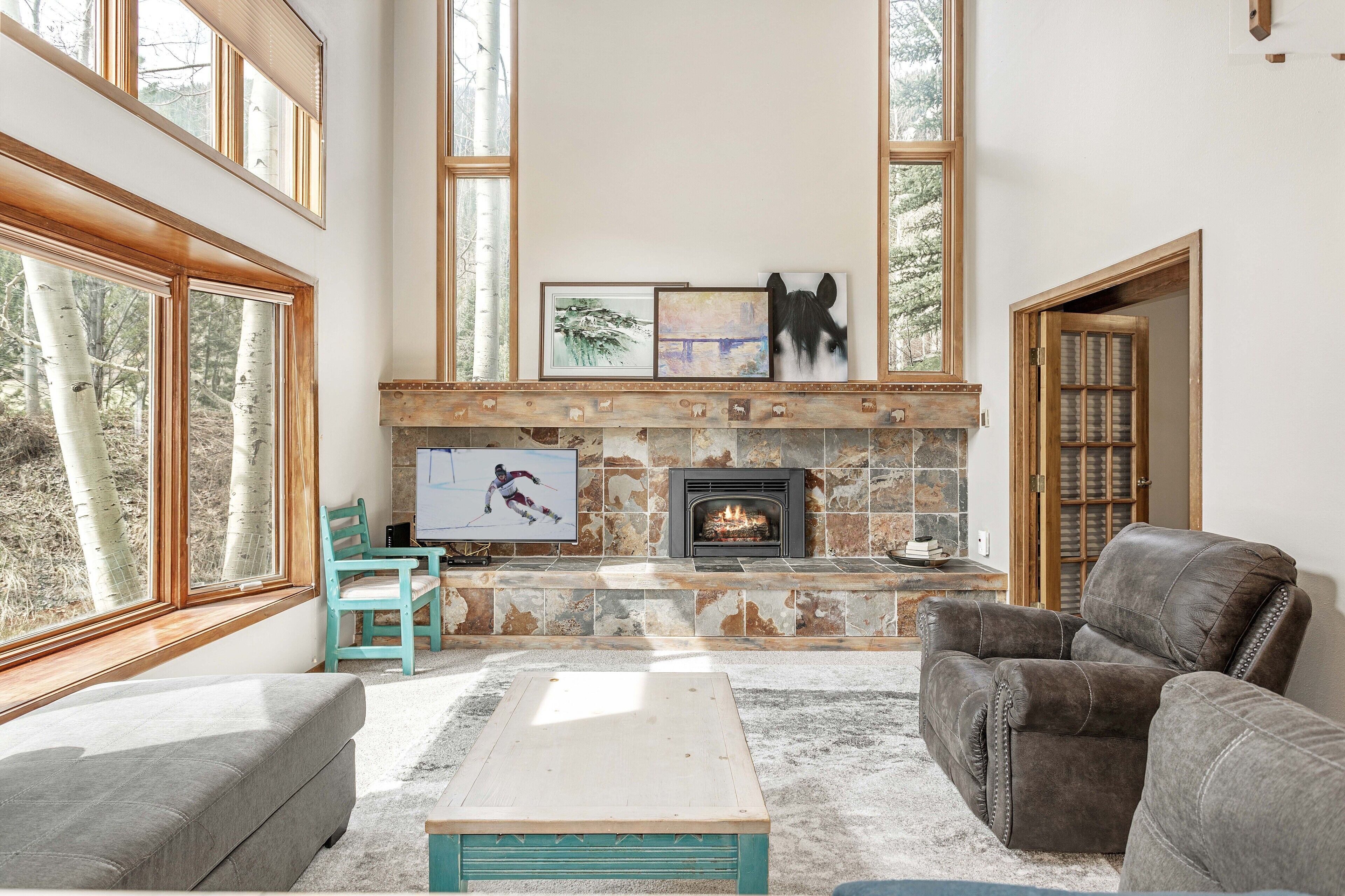 Smart TV, fireplace, video games, DVD player