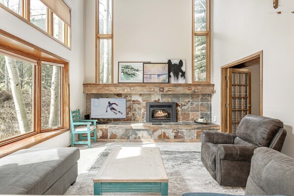 Smart TV, fireplace, video games, DVD player