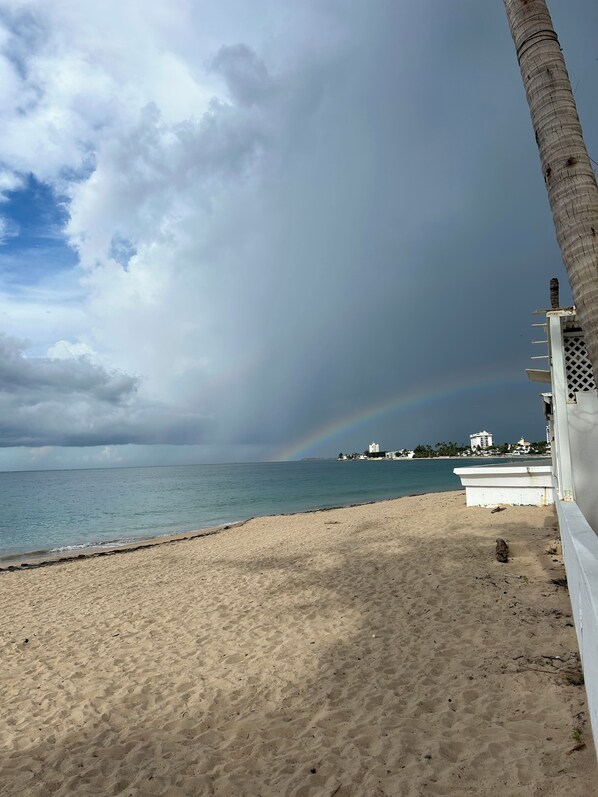 Ein Strand mit einer Palme, einem weißen Gebäude und einem Regenbogen in der Ferne.