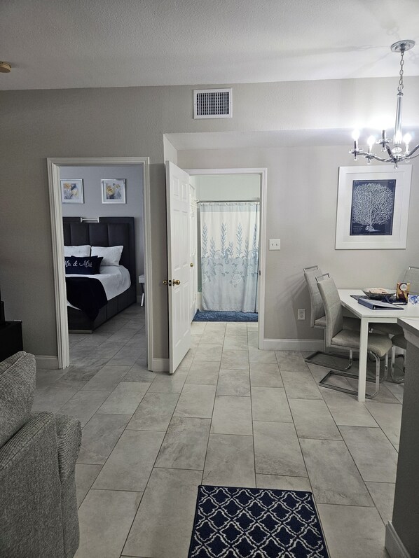 1 bedroom, desk, iron/ironing board, travel cot