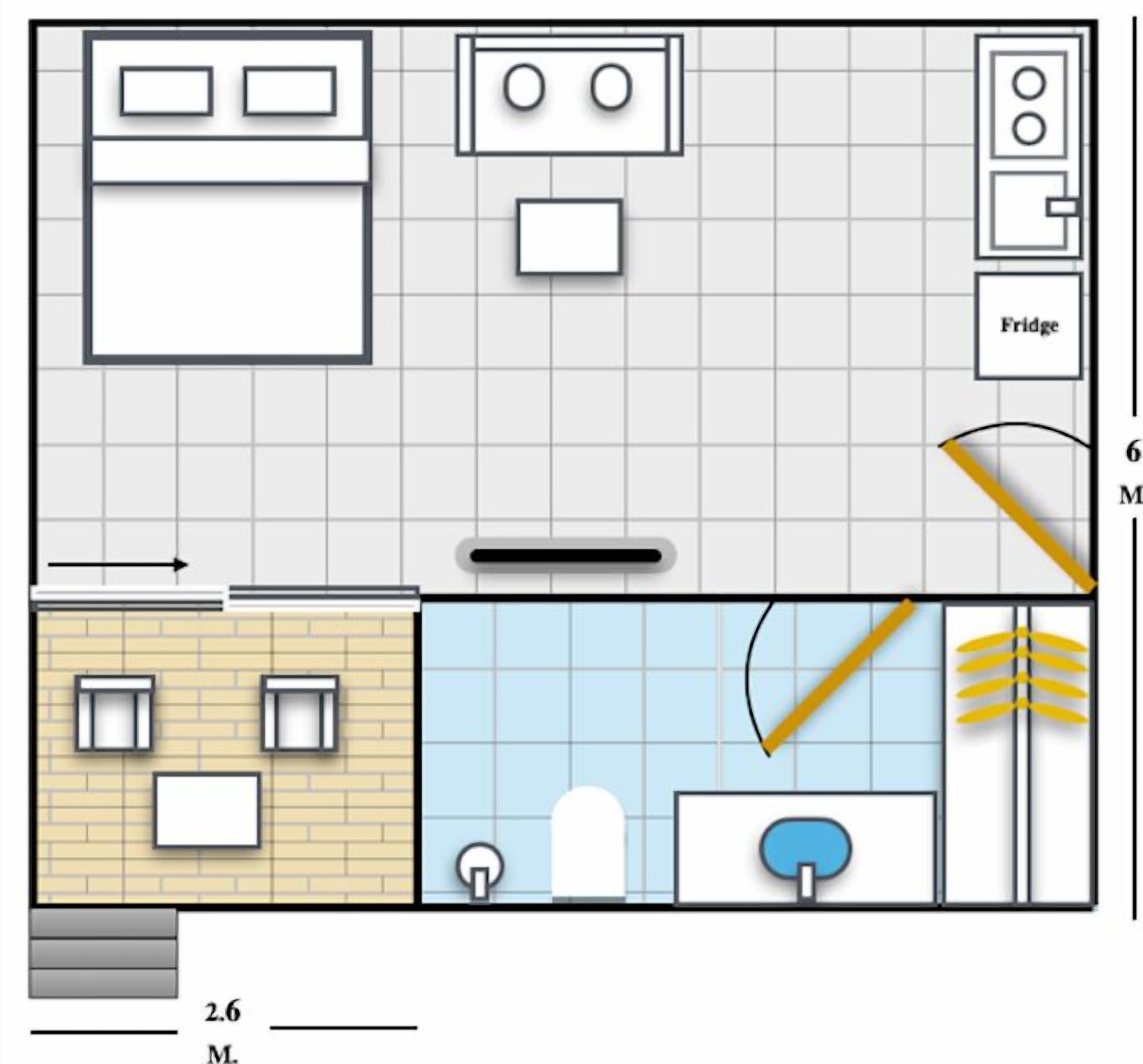 Distribución de una habitación de hotel con cama, escritorio, silla, armario, baño y una pequeña zona de cocina.