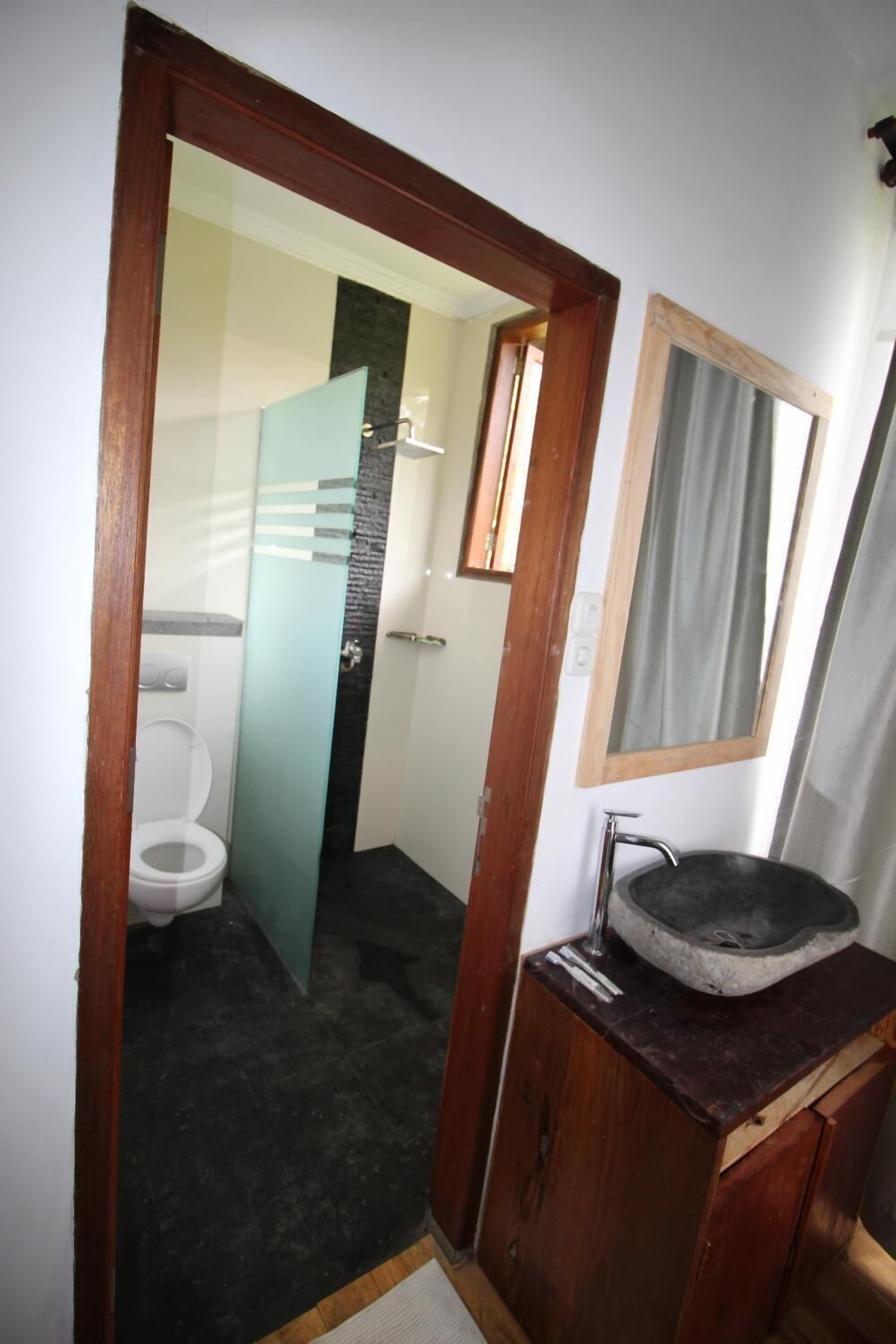 A bathroom with a glass door, a white toilet, a stone sink, and a mirror on the wall.