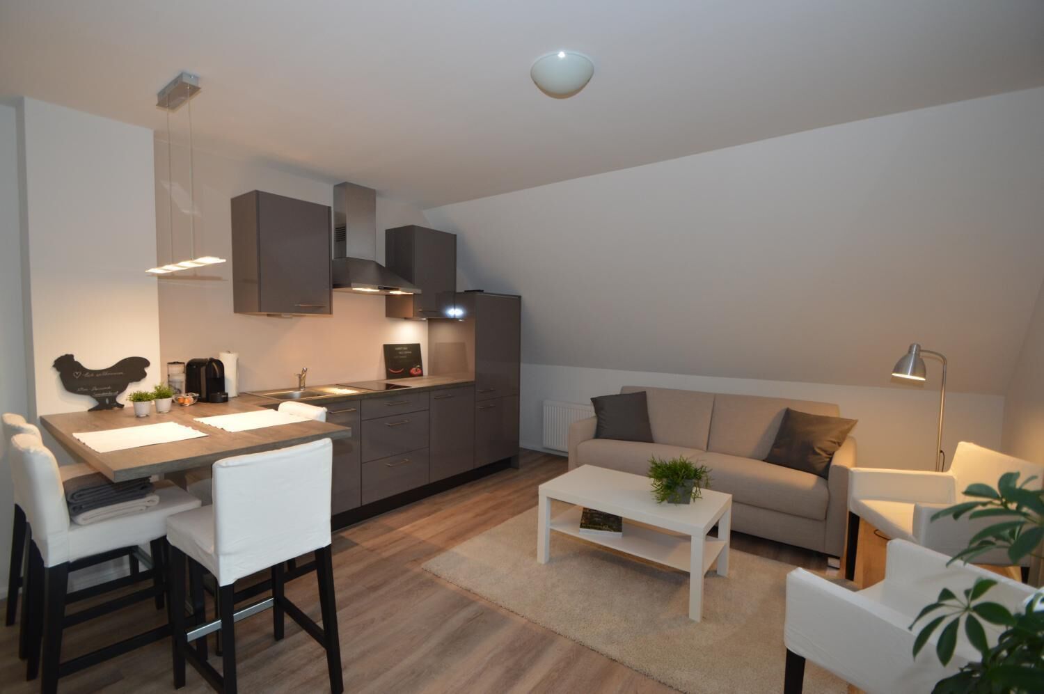 A modern apartment with a kitchen, dining area, and living room.