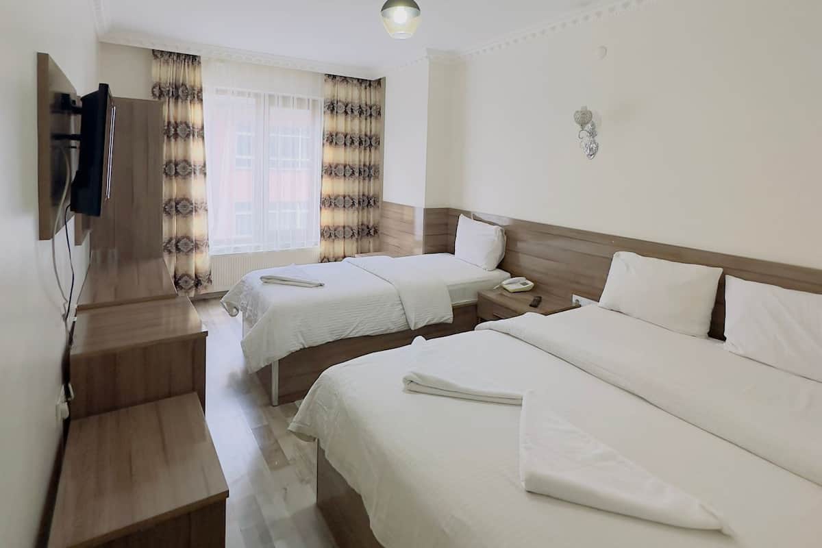 Habitación de hotel con dos camas, televisor montado en la pared, escalera de madera y una lámpara en el techo.