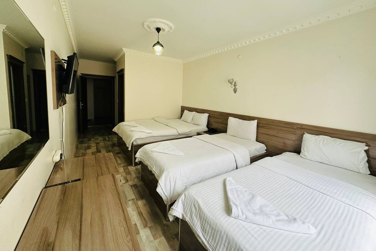 Habitación de hotel con dos camas individuales, piso de madera, ventilador de techo y un espejo grande en una pared.