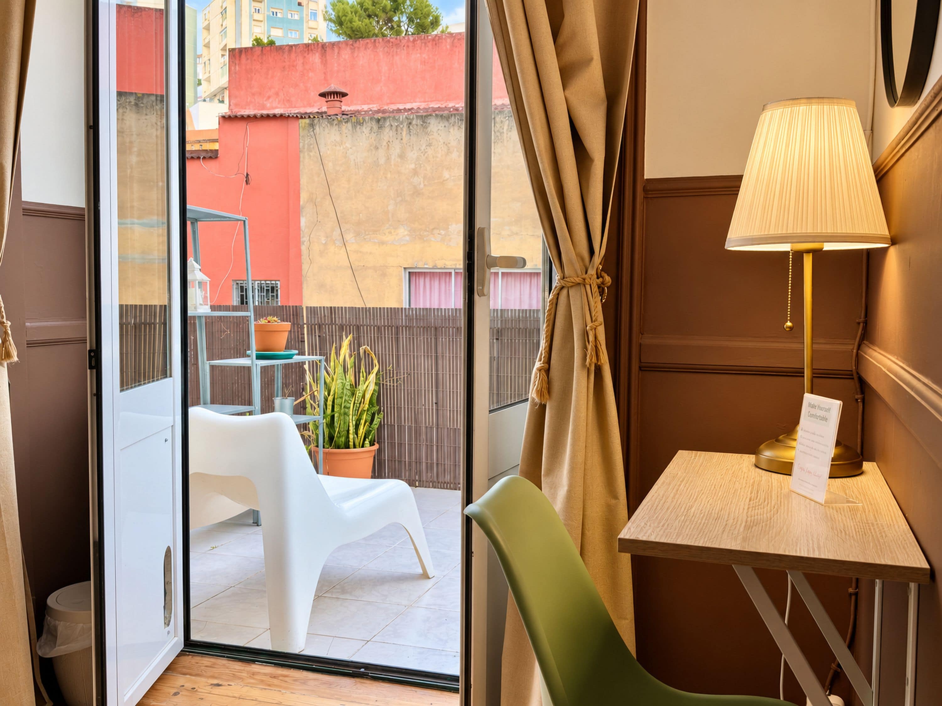 Quarto com porta de vidro deslizante que dá para área externa com uma cadeira branca, uma cadeira verde e uma mesa com abajur.