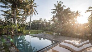 A rectangular swimming pool with a wooden deck, surrounded by palm trees and a grassy area. - Junjungan Serenity Privite Villa, Spa & Pool (Ubud)