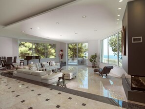 Luksusvilla, 5 soverom, privat basseng | Oppholdsrom | Flatskjerm-TV, peis, nettbrett og TV-spill